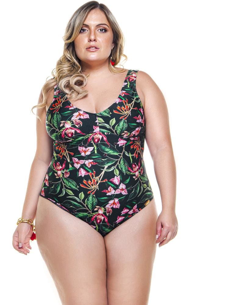 Front of a model wearing a size 24 Classic Swimsuit In Cherry Tree Print in Black Cherry Tree by Lehona. | dia_product_style_image_id:267457